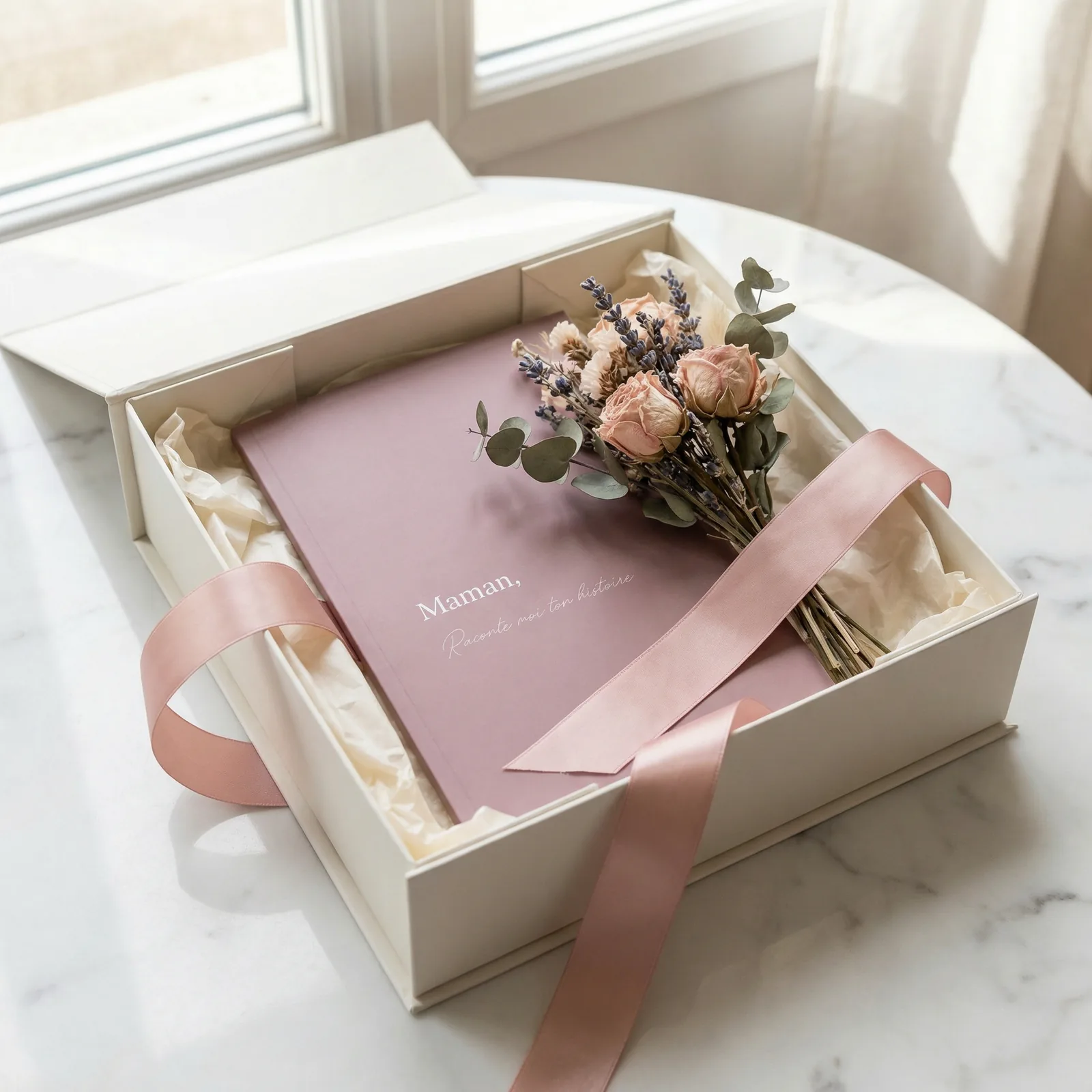 cadeau maman livre journal dans boîte luxe blanche avec fleurs séchées et ruban