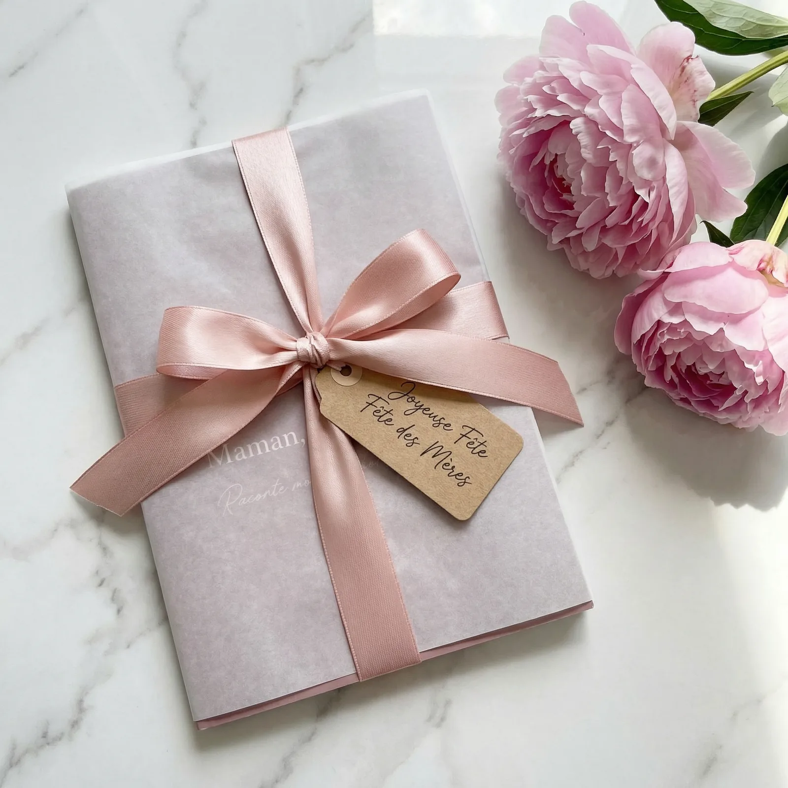 livre Maman Raconte-moi ton histoire emballé ruban rose tag Joyeuse Fête des Mères