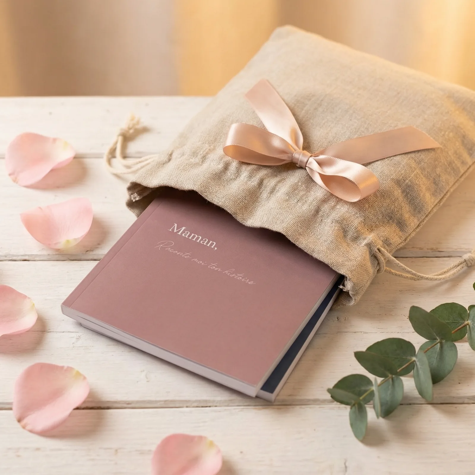 livre Maman Raconte-moi ton histoire dans pochette en lin avec pétales de rose