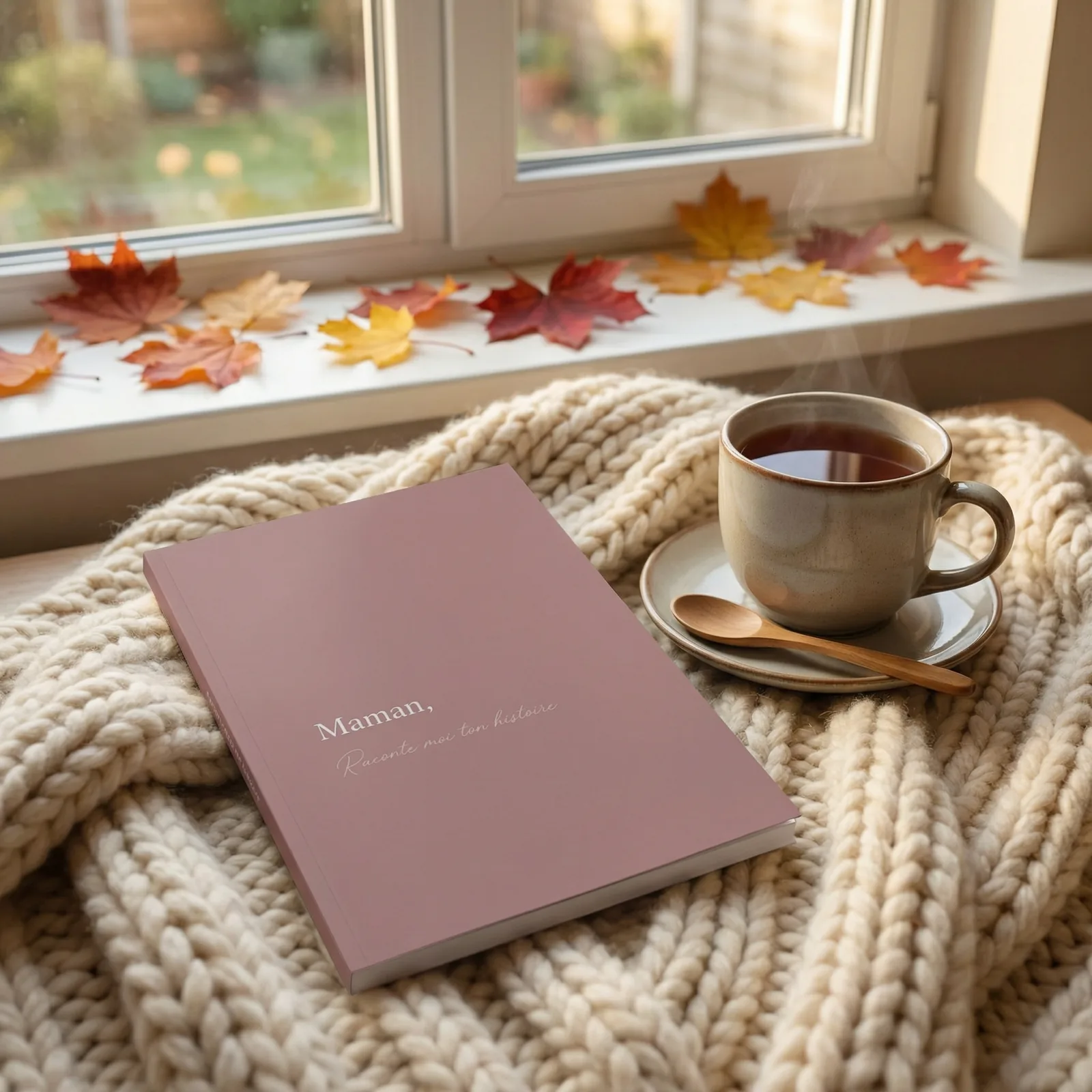 livre Maman Raconte-moi ton histoire posé sur plaid avec tasse de thé automne