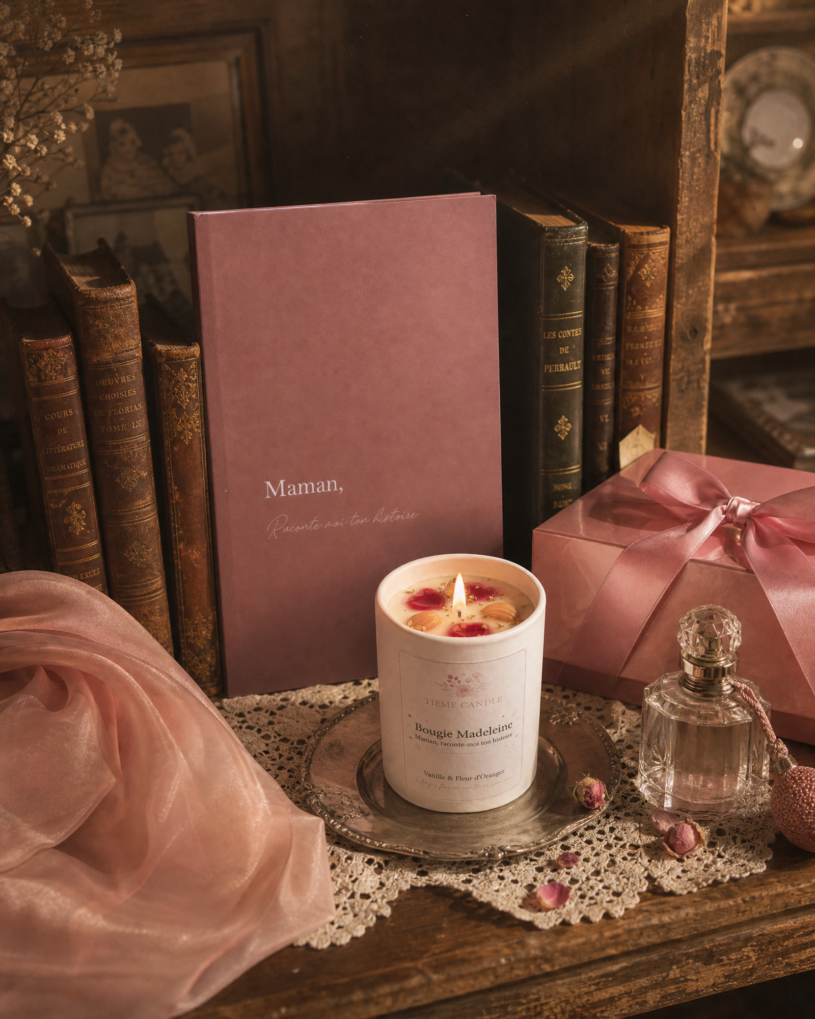 Bougie Madeleine Tieme Candle et livre Maman Raconte-moi ton histoire — ambiance bibliothèque vintage