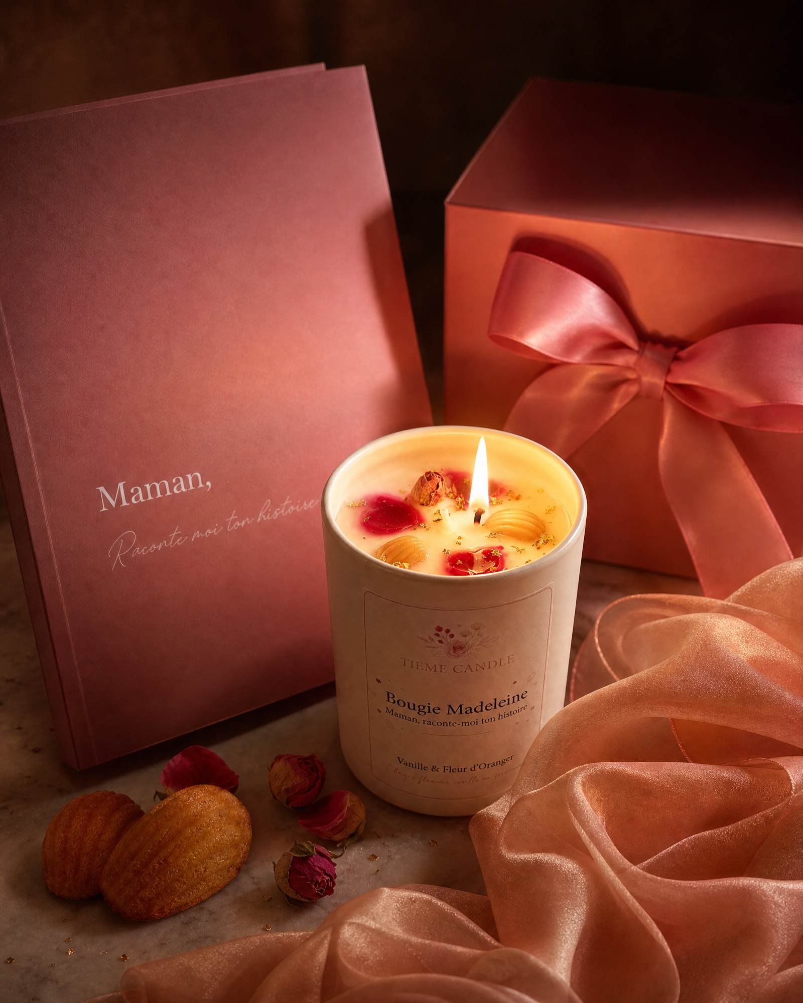 Bougie Madeleine Tieme Candle allumée — vanille fleur oranger bijou surprise argenté ou doré