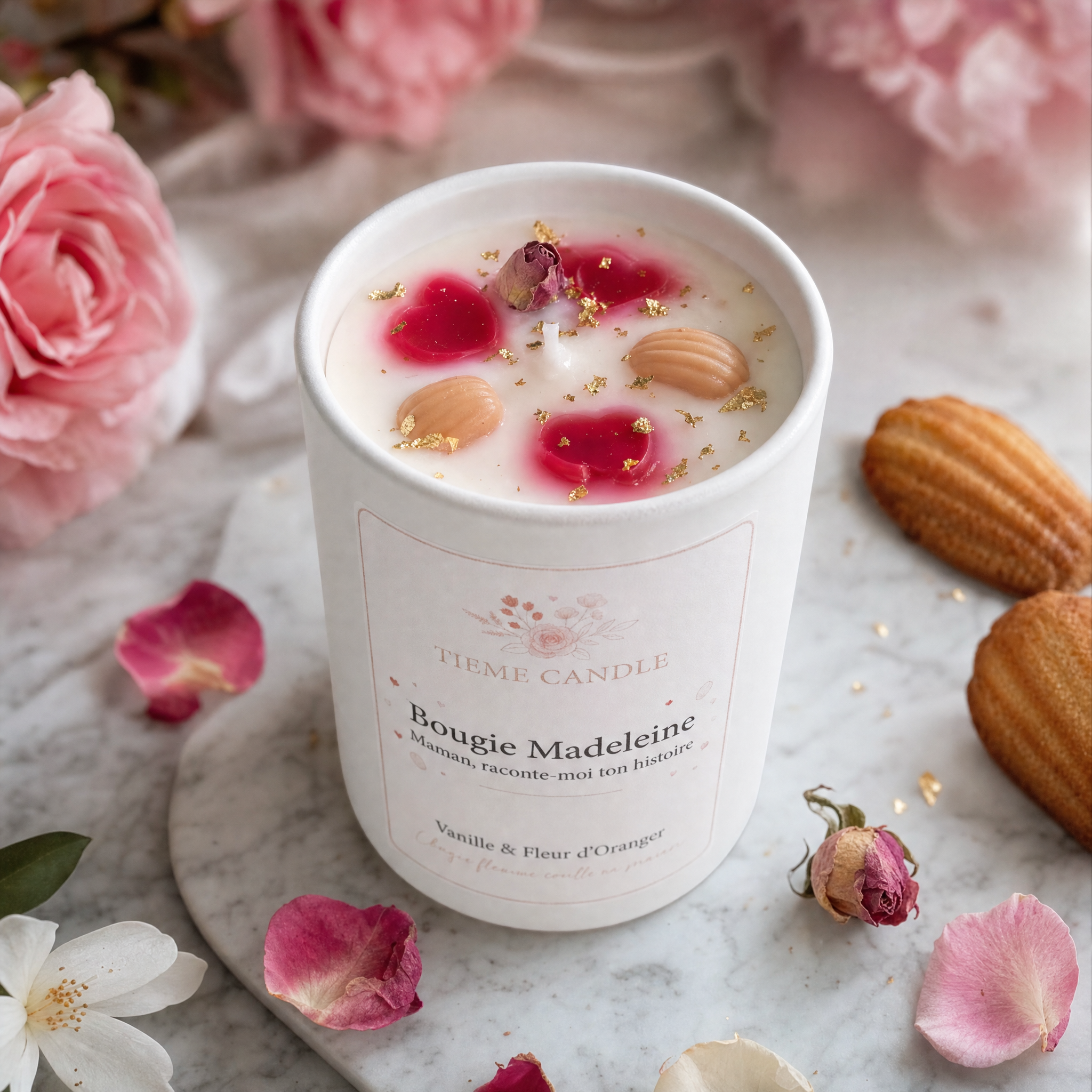Bougie Madeleine Tieme Candle vanille fleur oranger bijou surprise caché dans la cire