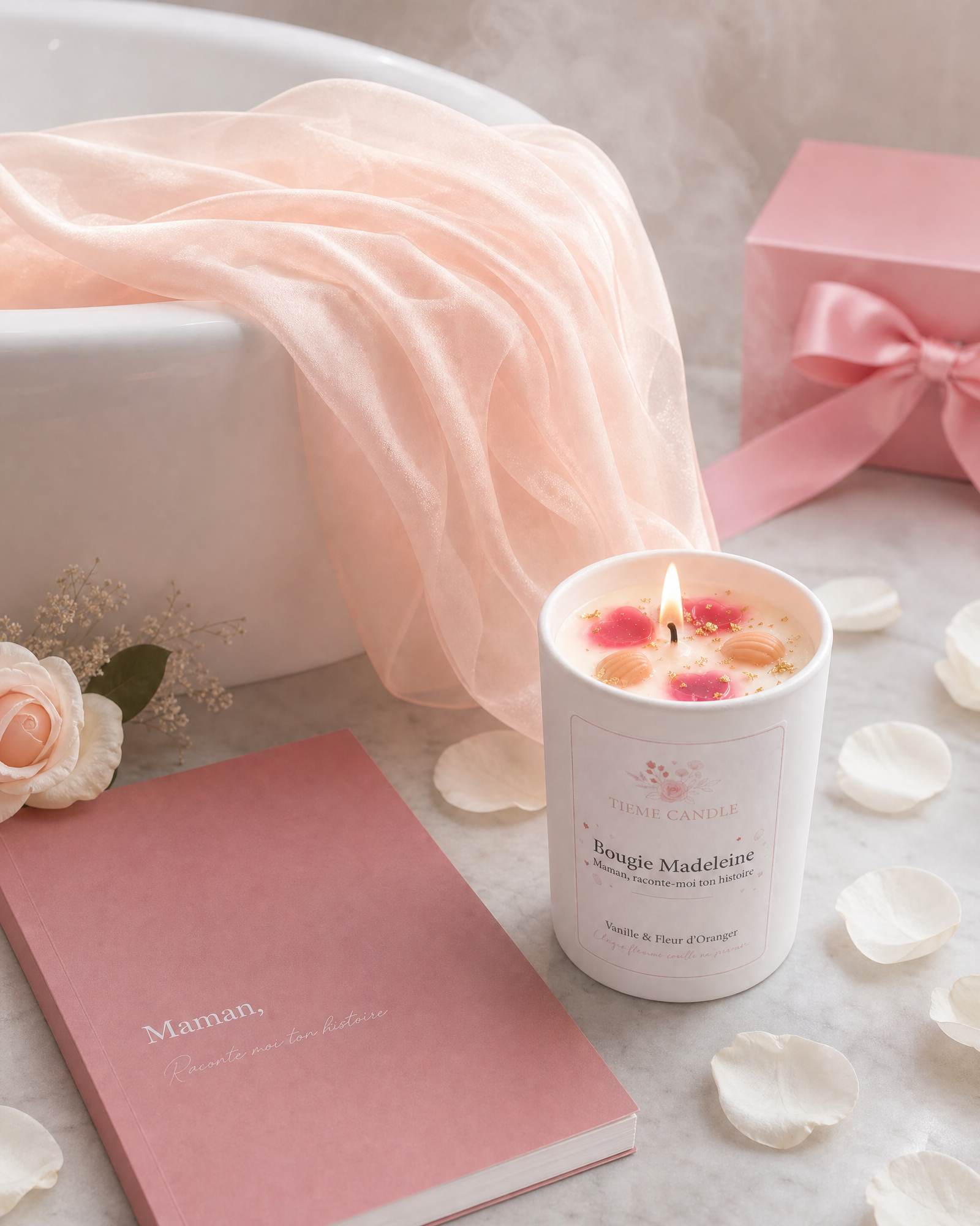 Cadeau fête des mères 2026 — bougie Madeleine livre journal et foulard beige rosé ambiance zen