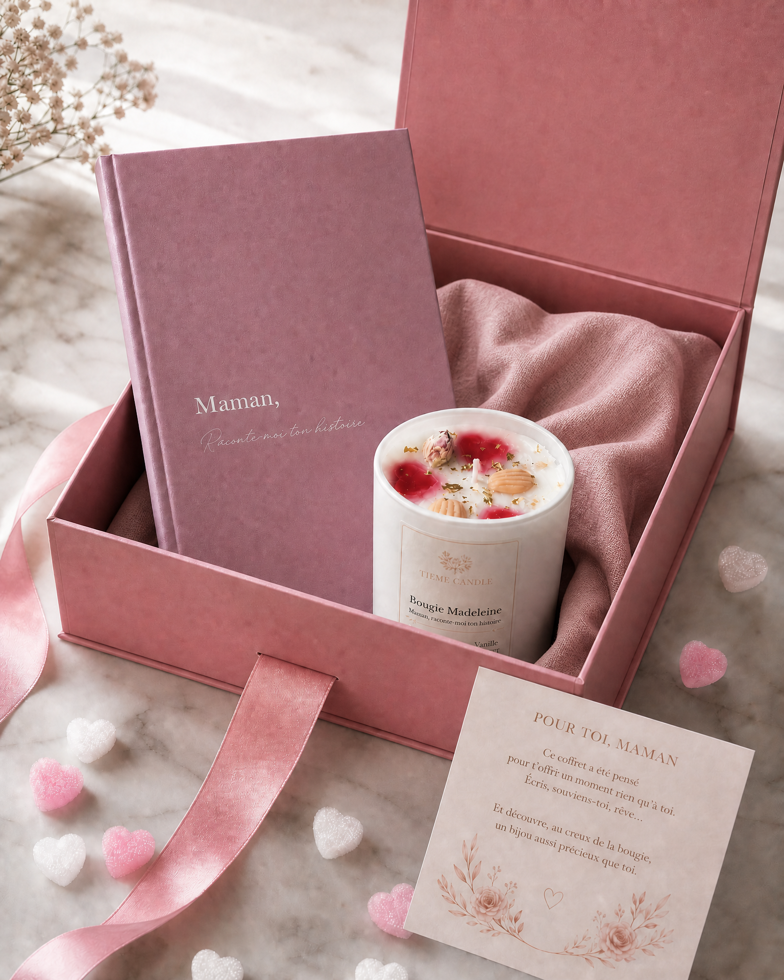 Vue intérieure coffret cadeau fête des mères 2026 — livre journal bougie bijou surprise foulard