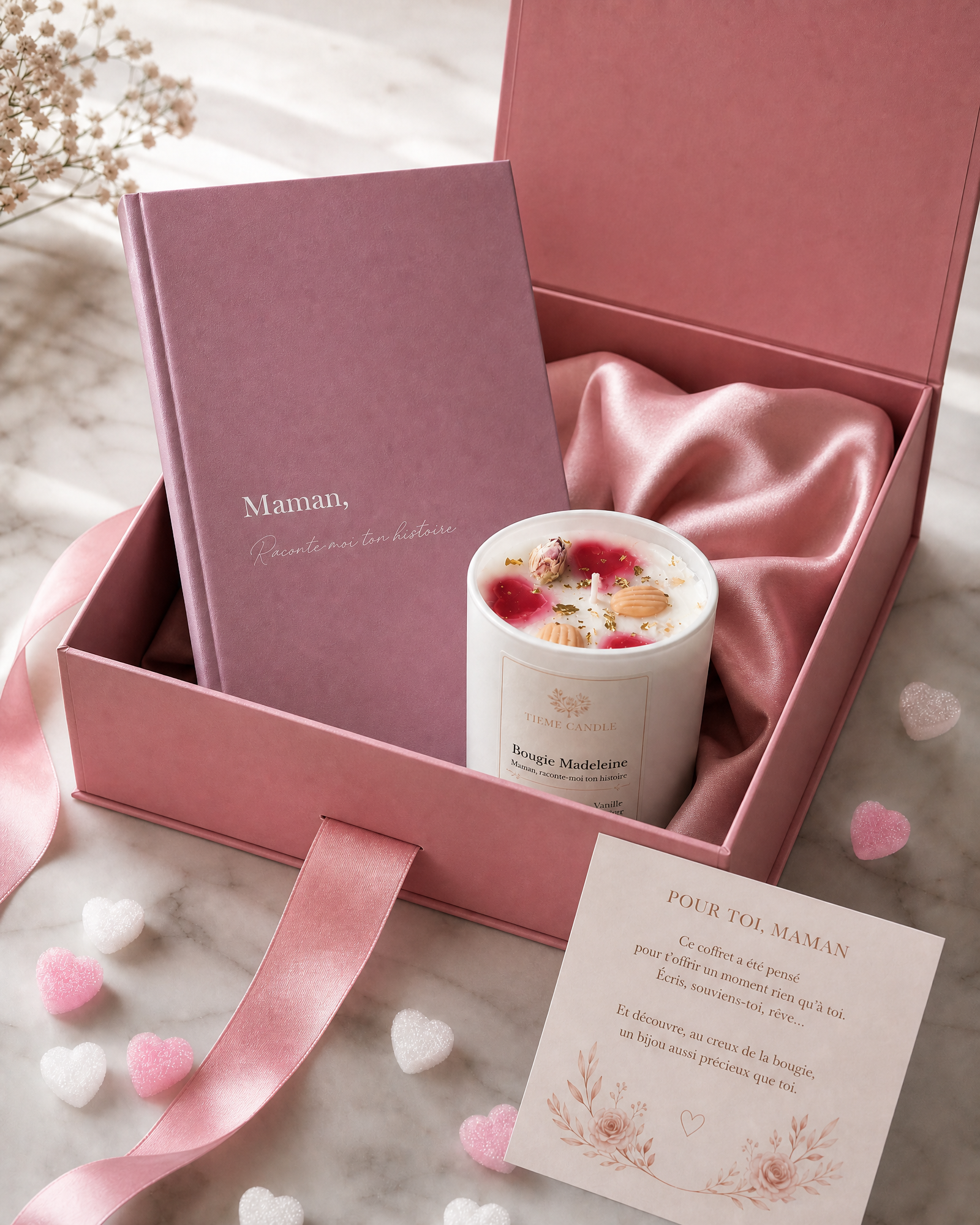 Coffret fête des mères ouvert — livre Maman Raconte-moi ton histoire bougie Madeleine foulard