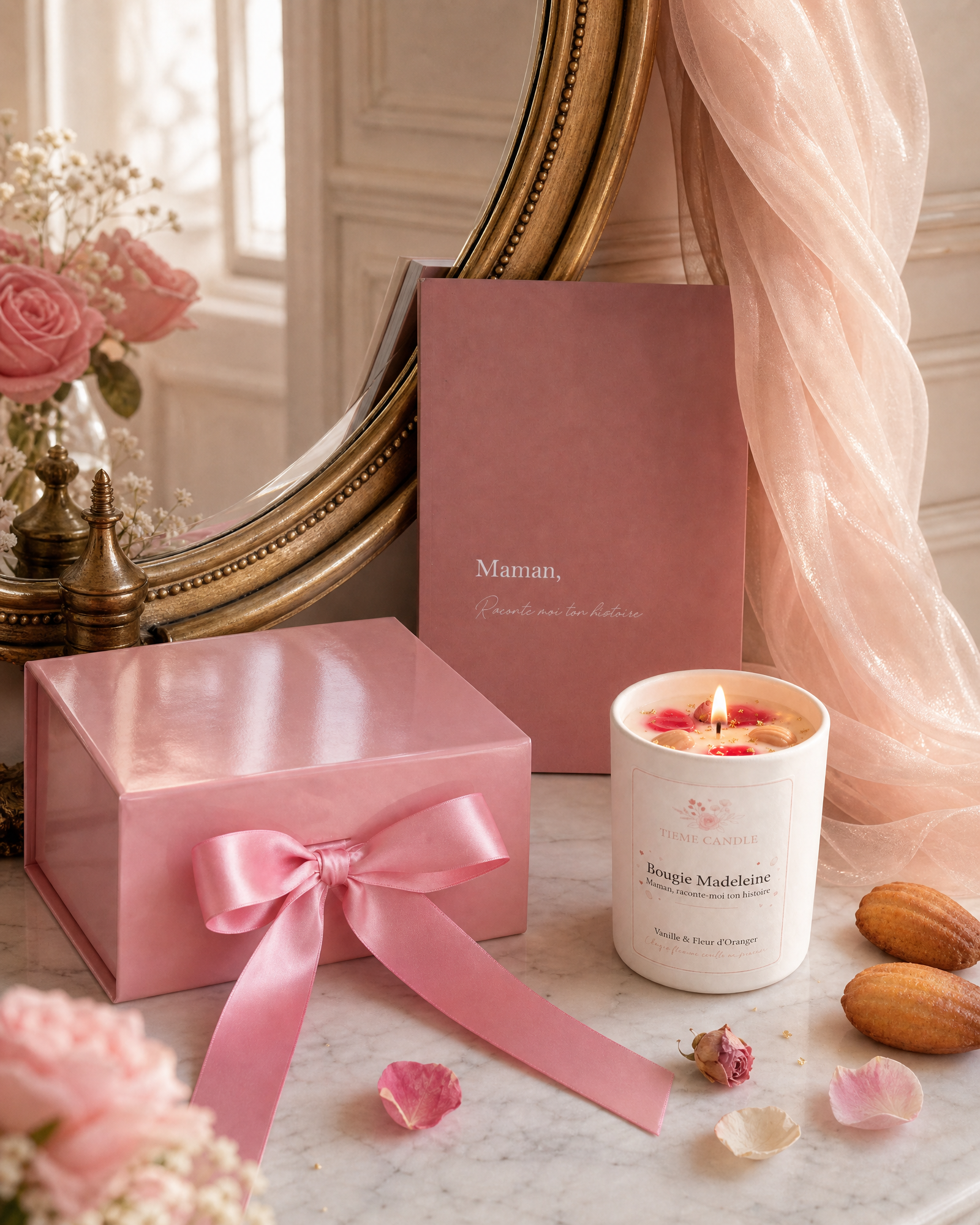 Coffret cadeau fête des mères 2026 — Maman, Raconte-moi ton histoire, bougie et foulard