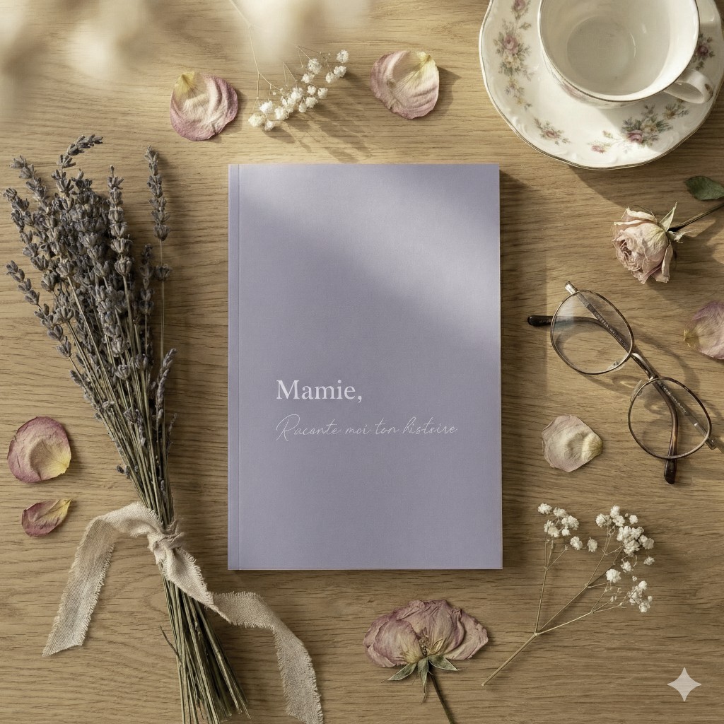 Mamie, Raconte-moi ton histoire — livre journal de souvenirs posé sur une table en bois entouré de lavande et de roses séchées