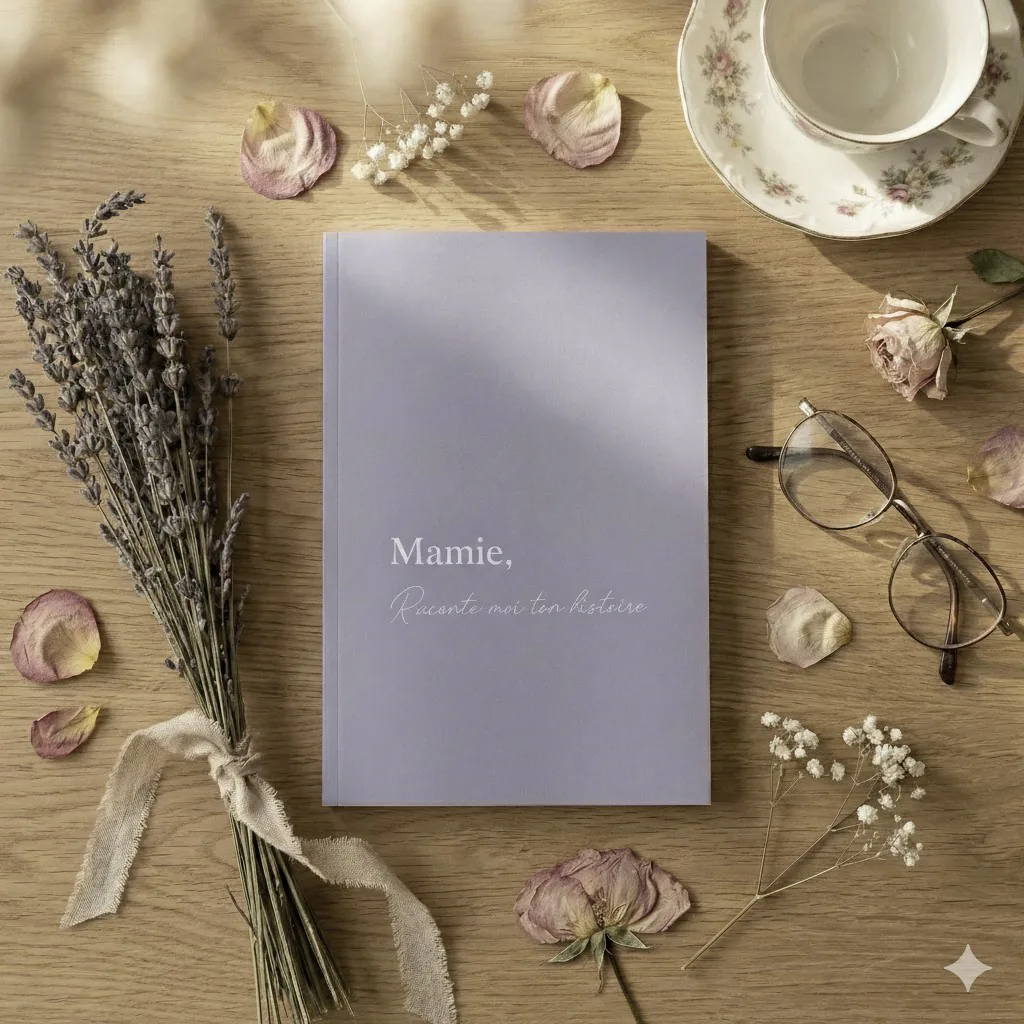 Mamie, Raconte-moi ton histoire, livre journal de souvenirs posé sur une table en bois entouré de lavande et de roses séchées