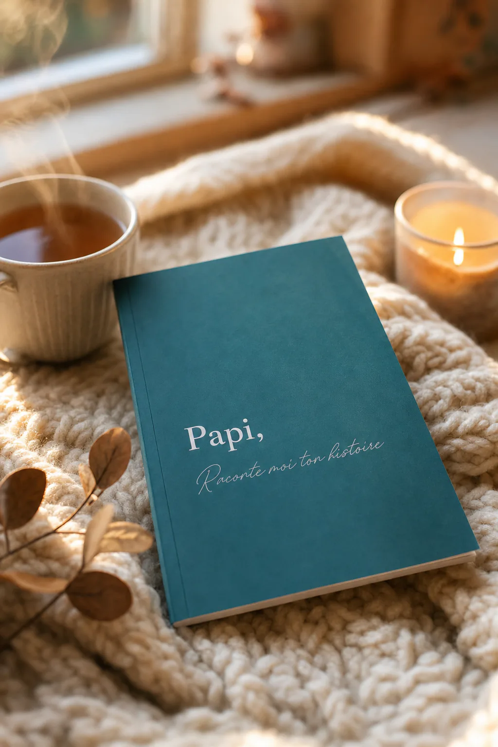 Livre Papi, Raconte-moi ton histoire, format relié, photographié dans une ambiance cocooning