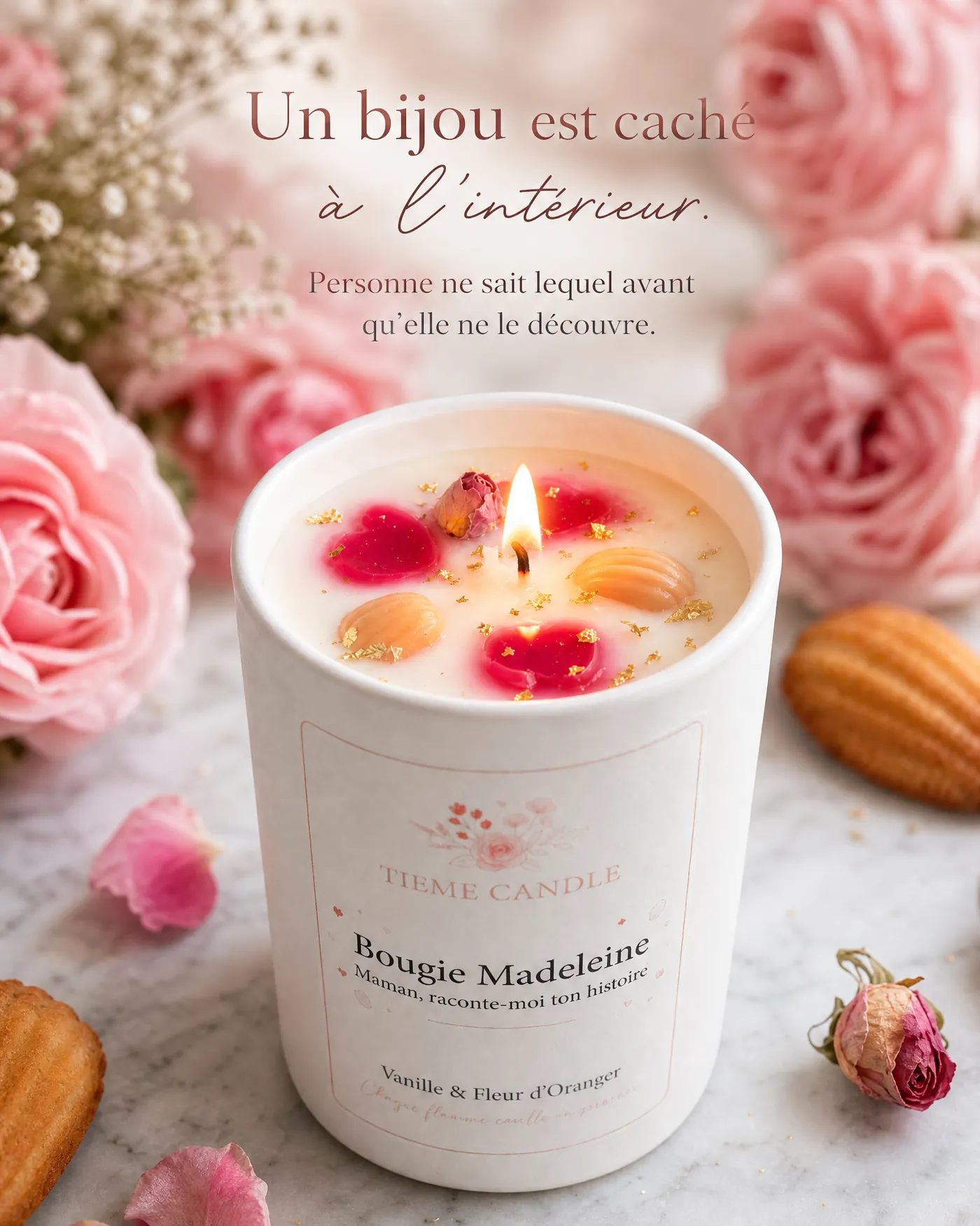 Bougie Madeleine Tieme Candle avec un bijou caché à l'intérieur, entourée de roses et de madeleines