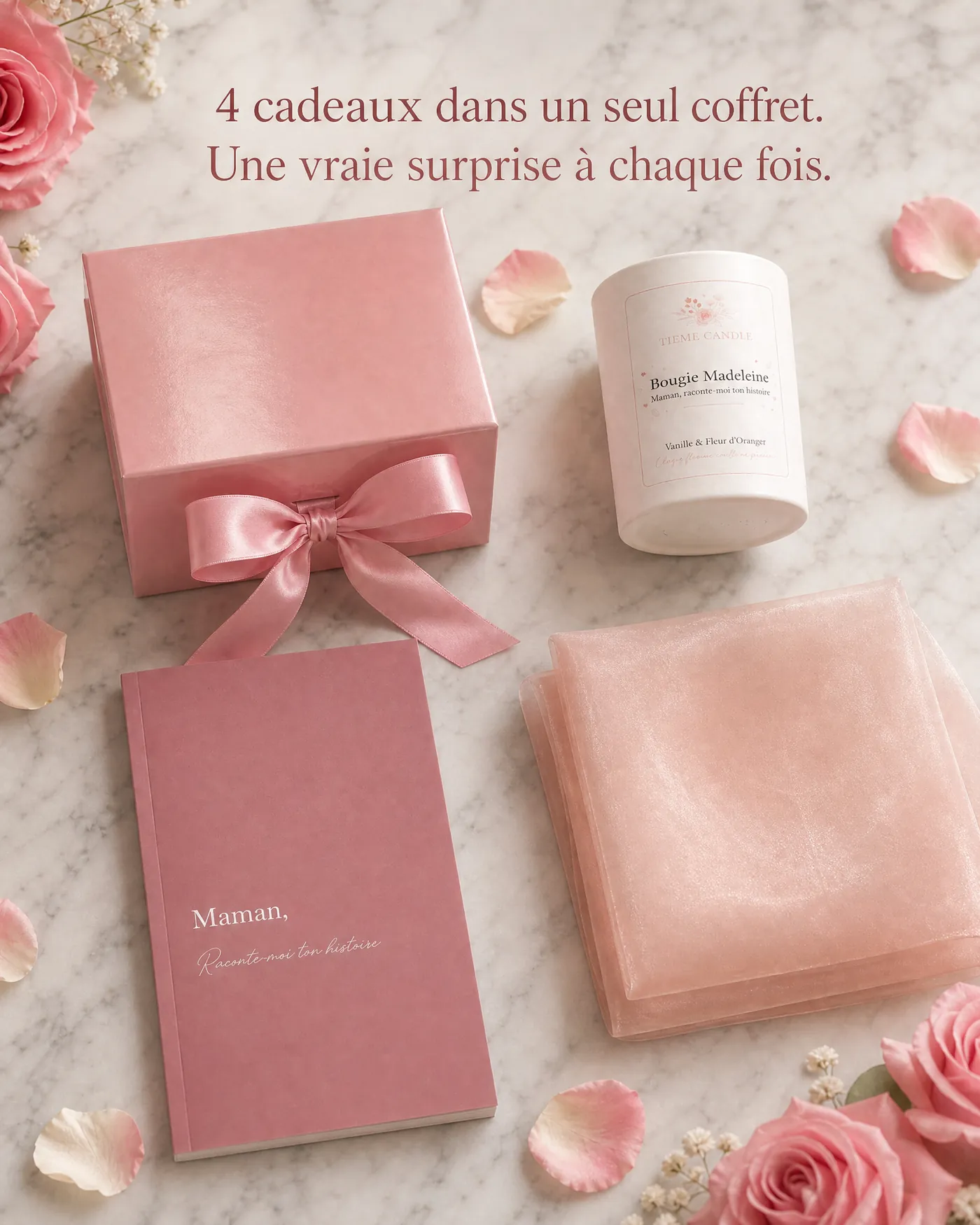 Les quatre éléments du coffret fête des mères : boîte rose, bougie Madeleine, livre Maman et foulard
