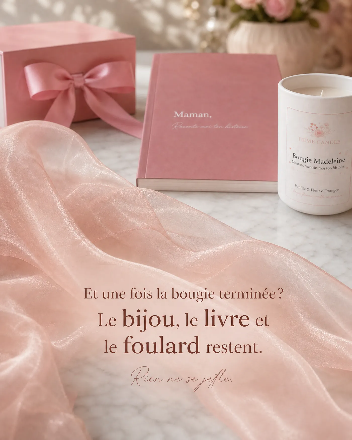Foulard en organza rose au premier plan, livre Maman et bougie Madeleine en arrière-plan