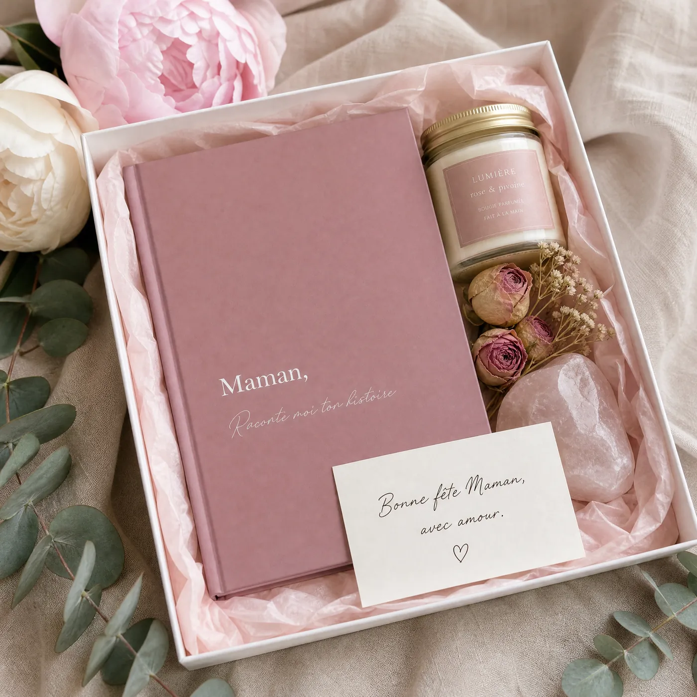 Coffret de fête des mères avec le livre Maman, Raconte-moi ton histoire, une bougie, des roses séchées et une carte Bonne fête Maman