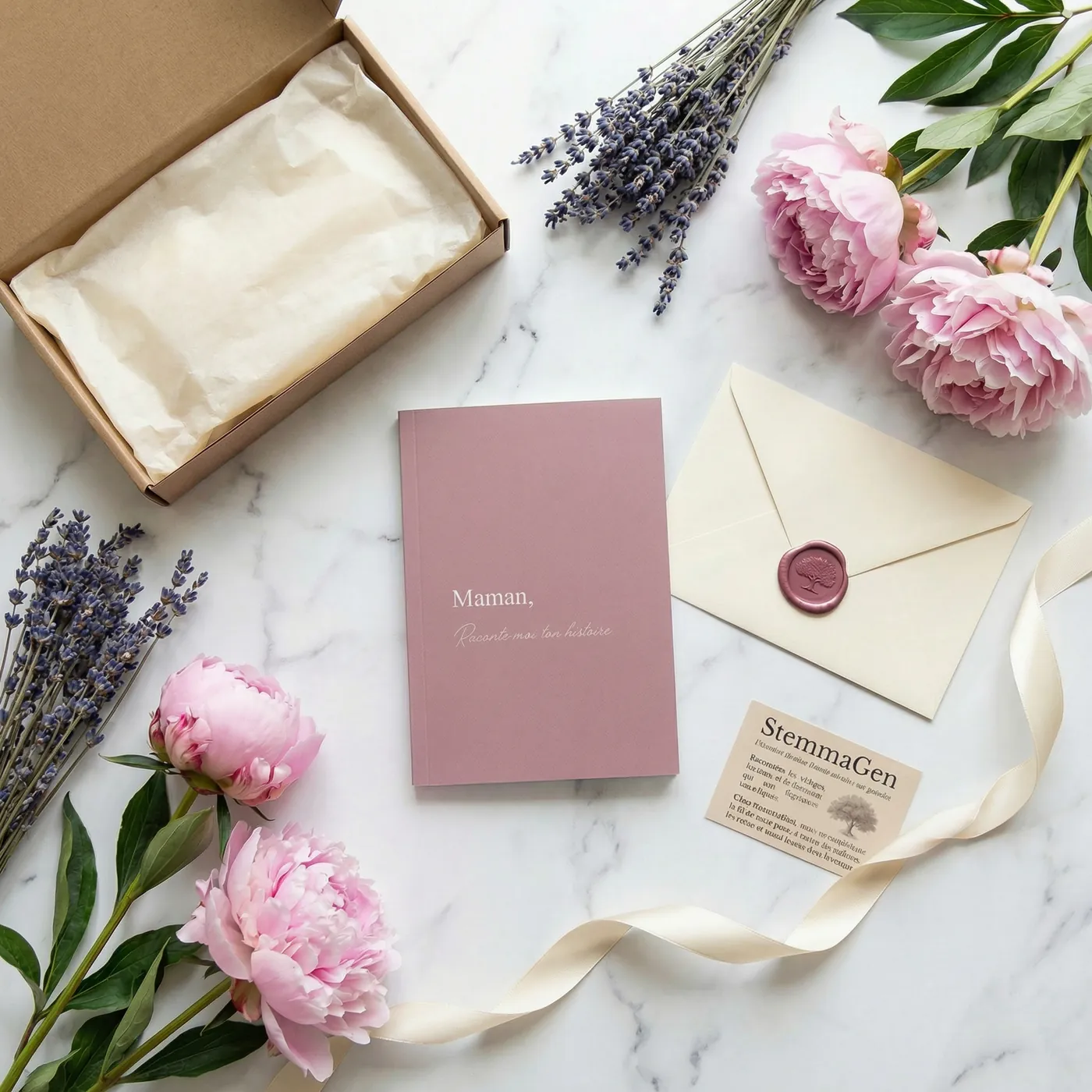 Livre Maman, Raconte-moi ton histoire dans un coffret avec pivoines, lavande, enveloppe à cachet de cire et carte Stemmagen