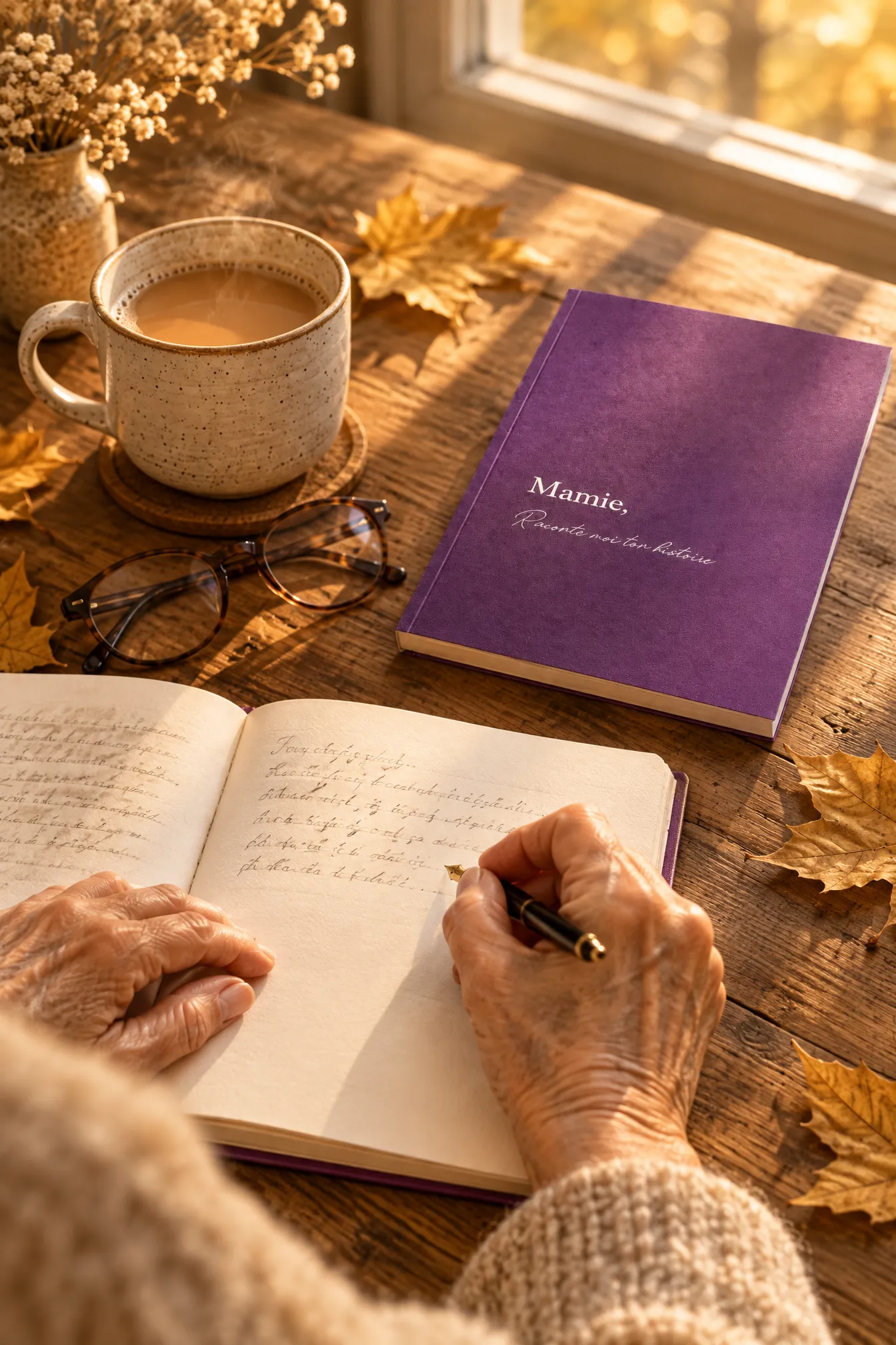 Mains d'une grand-mère écrivant ses souvenirs à côté du livre Mamie, Raconte-moi ton histoire