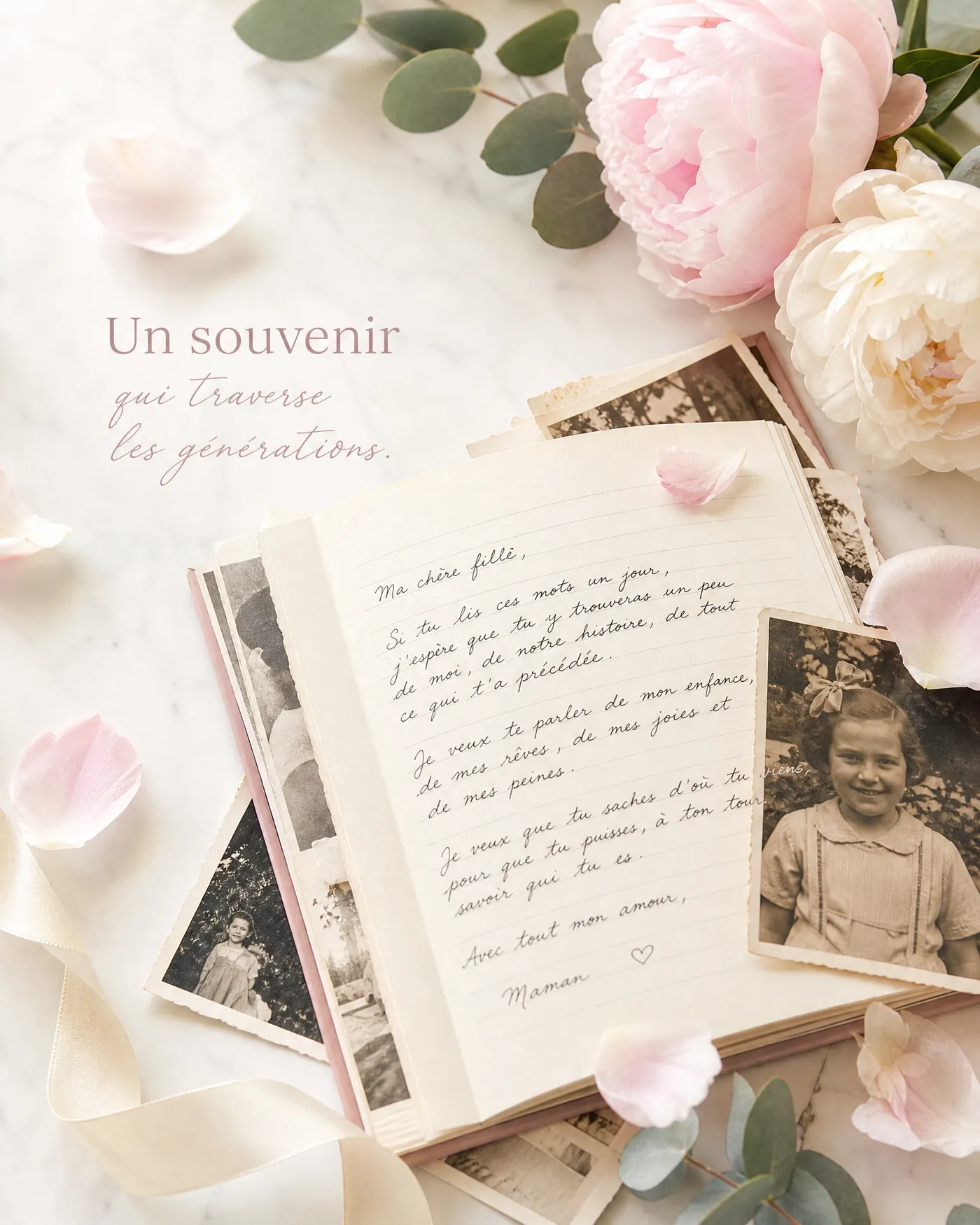 Lettre manuscrite d'une mère à sa fille entourée de photos de famille anciennes en noir et blanc
