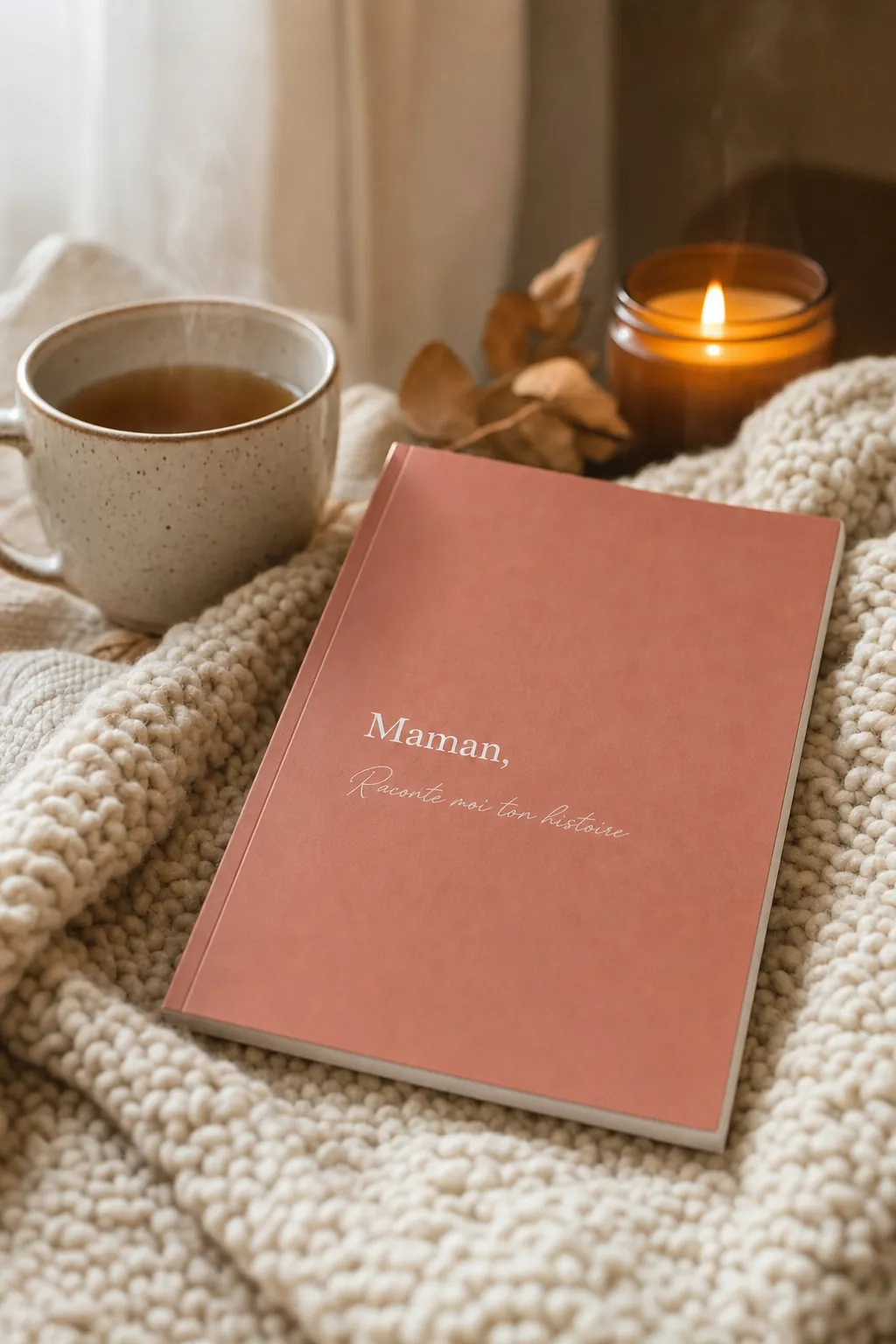 Livre Maman, Raconte-moi ton histoire posé sur un plaid en laine avec une tasse de thé et une bougie