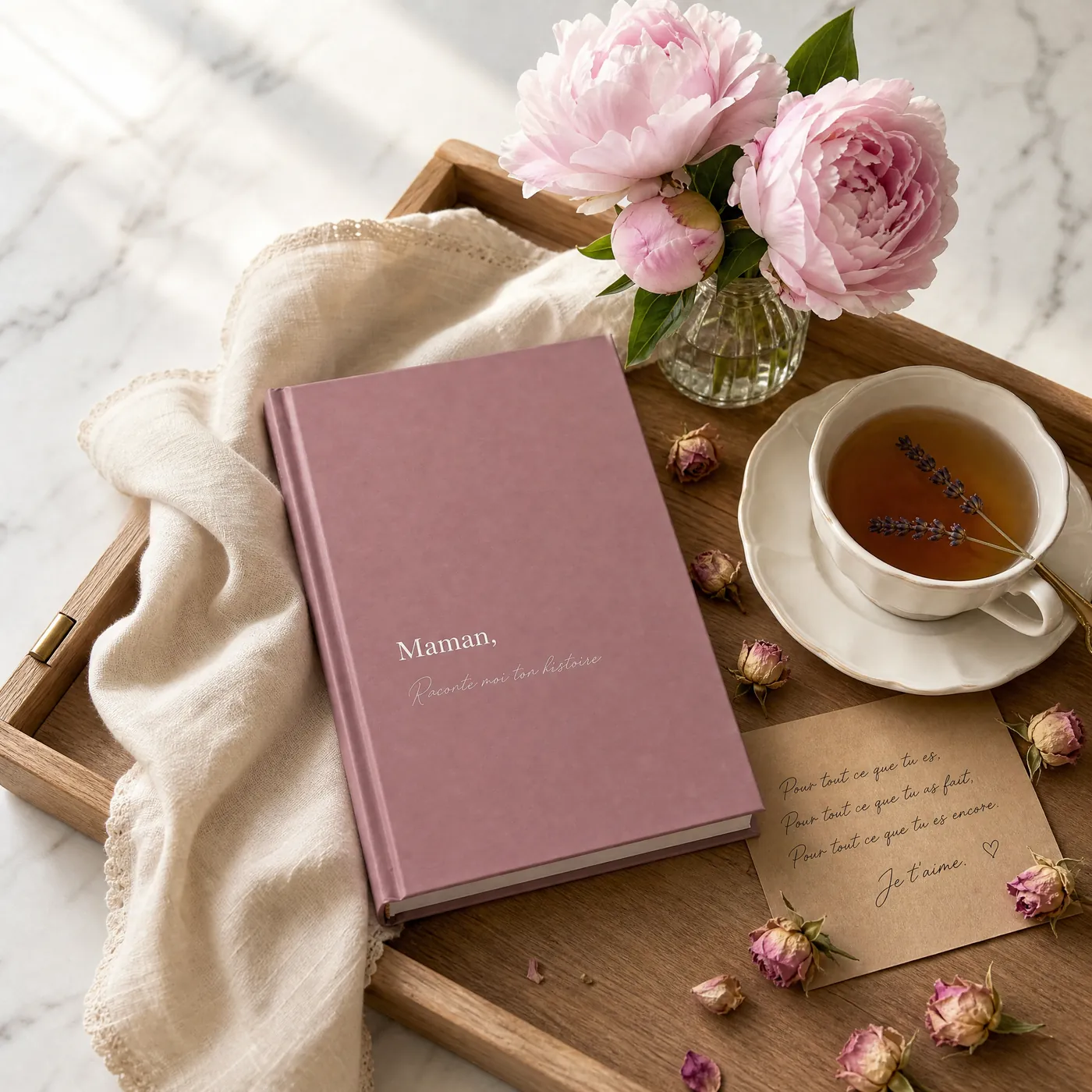 Livre Maman, Raconte-moi ton histoire sur un plateau avec une tasse de thé, des pivoines et une lettre manuscrite