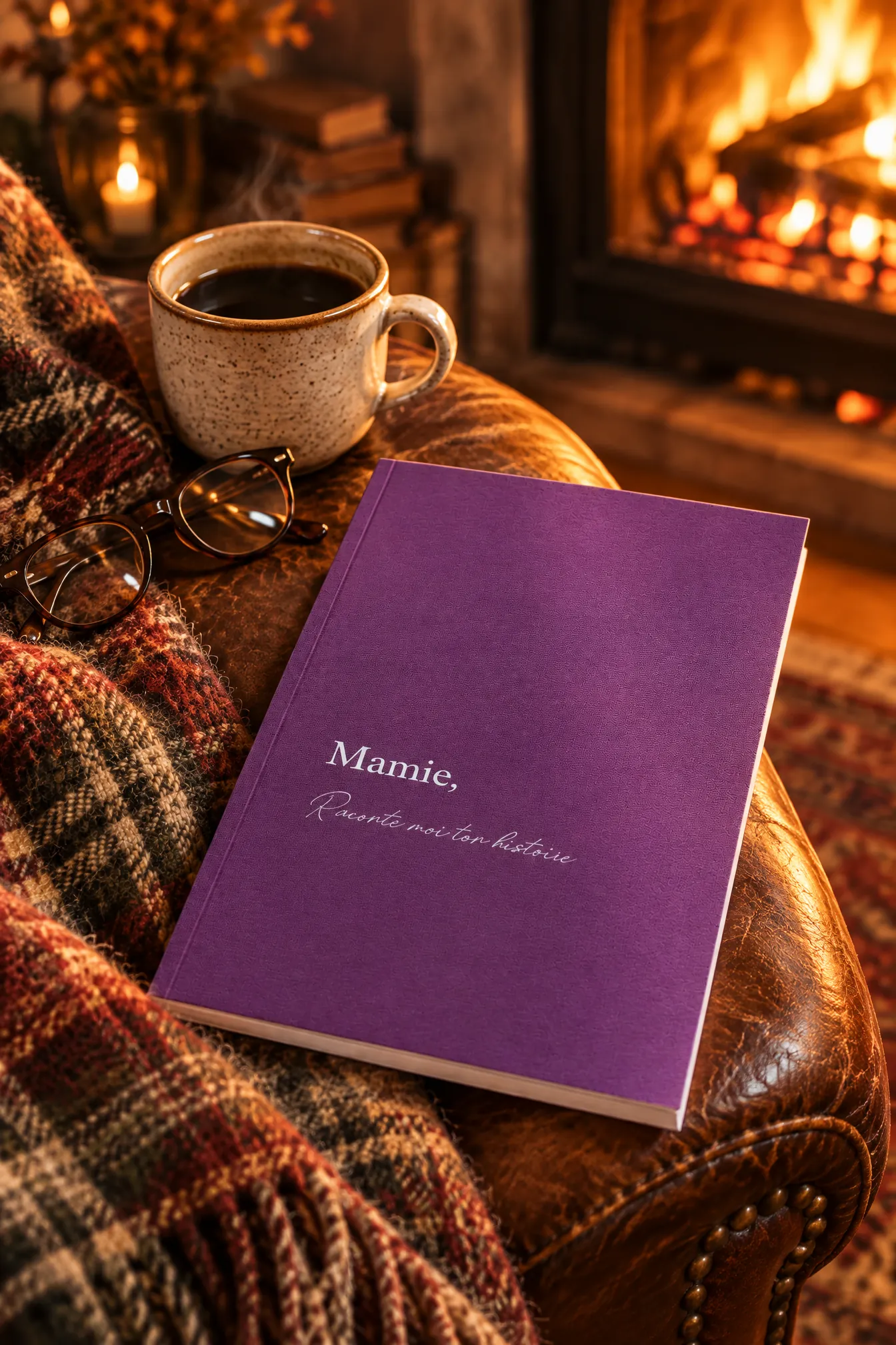 Livre Mamie, Raconte-moi ton histoire posé sur un fauteuil en cuir près d'une cheminée, avec un café