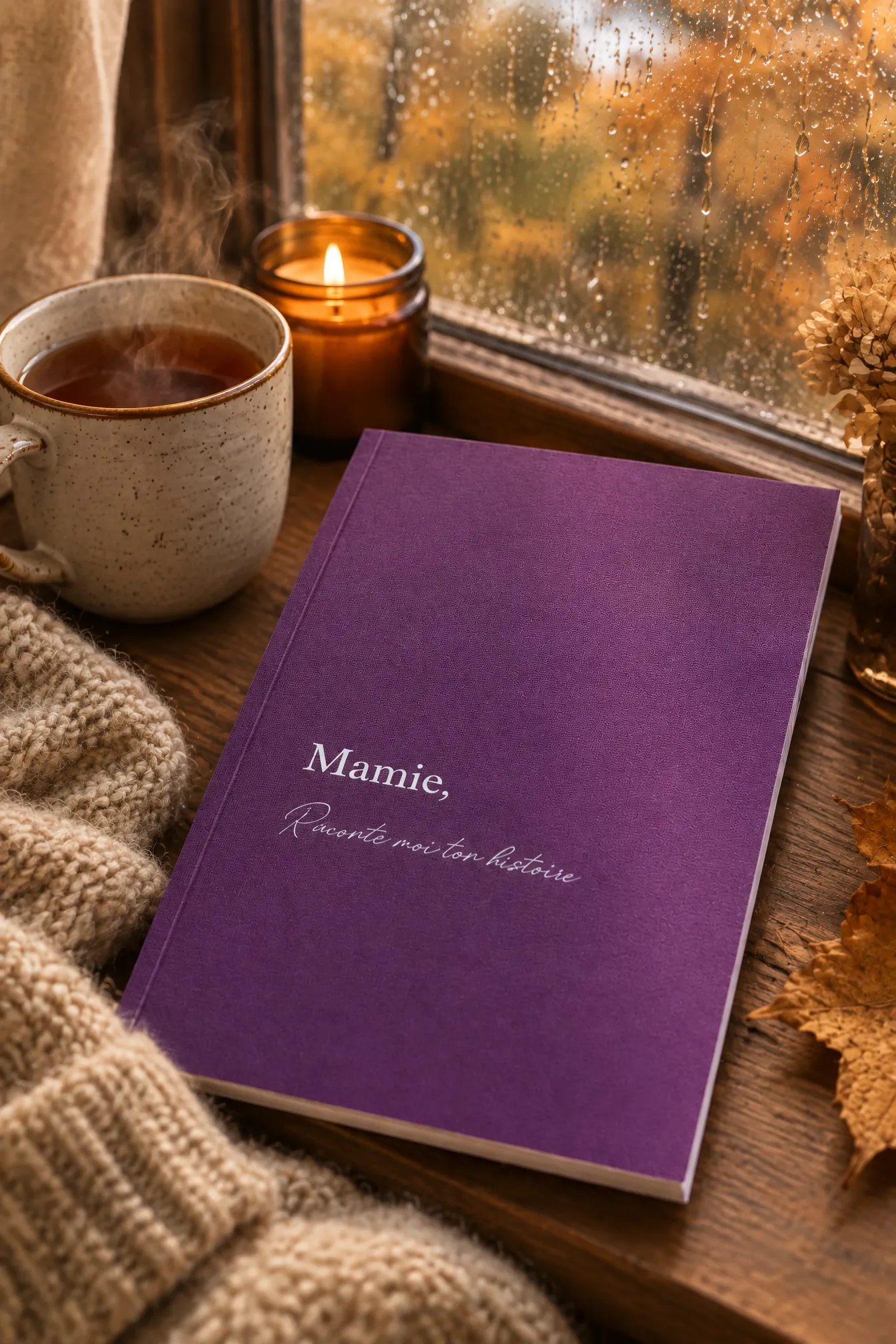 Livre Mamie, Raconte-moi ton histoire près d'une fenêtre un jour de pluie d'automne, avec une tasse de thé et une bougie