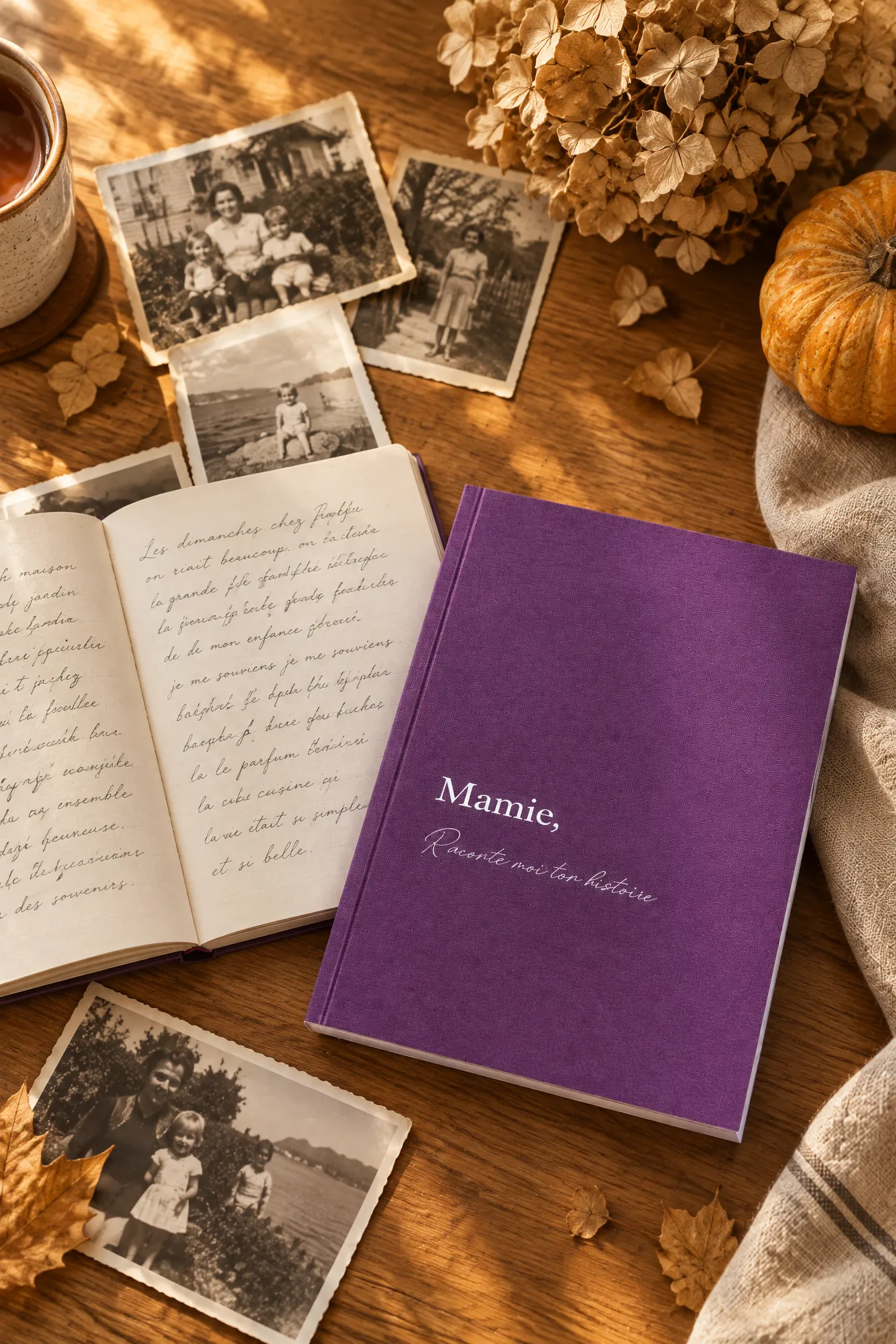 Livre Mamie, Raconte-moi ton histoire entouré de photos de famille anciennes et d'un journal manuscrit