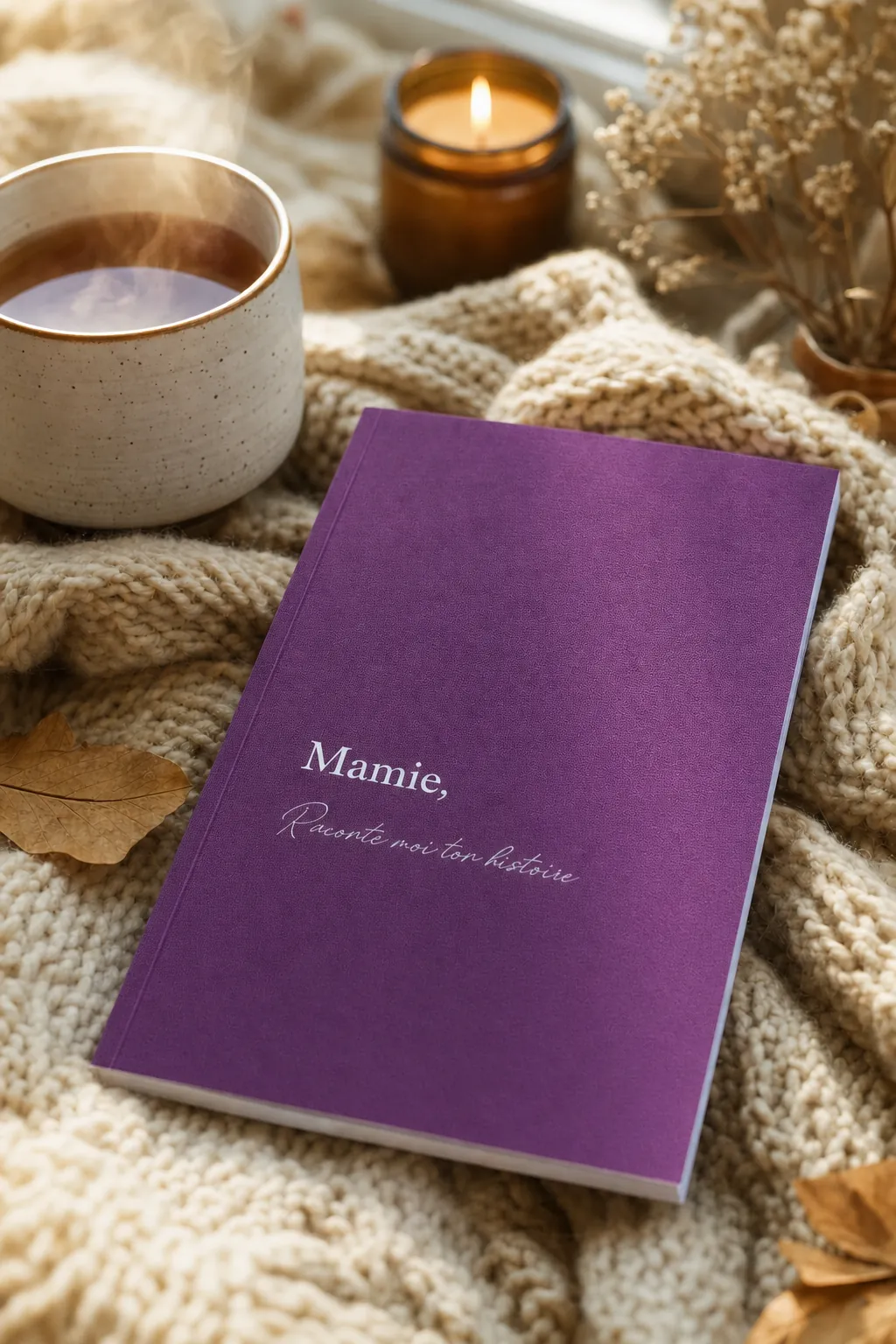 Livre Mamie, Raconte-moi ton histoire posé sur un plaid en laine avec une tasse de thé et une bougie