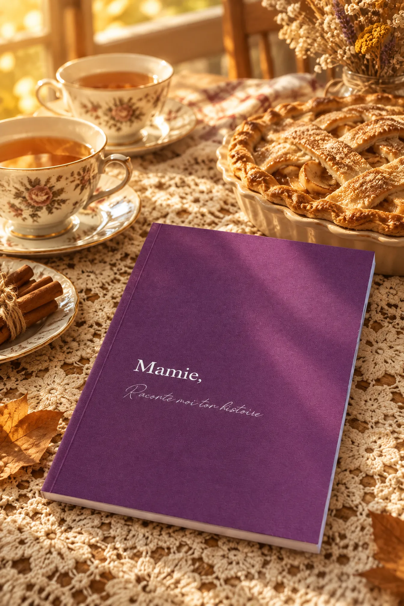 Livre Mamie, Raconte-moi ton histoire sur une table de cuisine avec une tarte maison et des tasses de thé