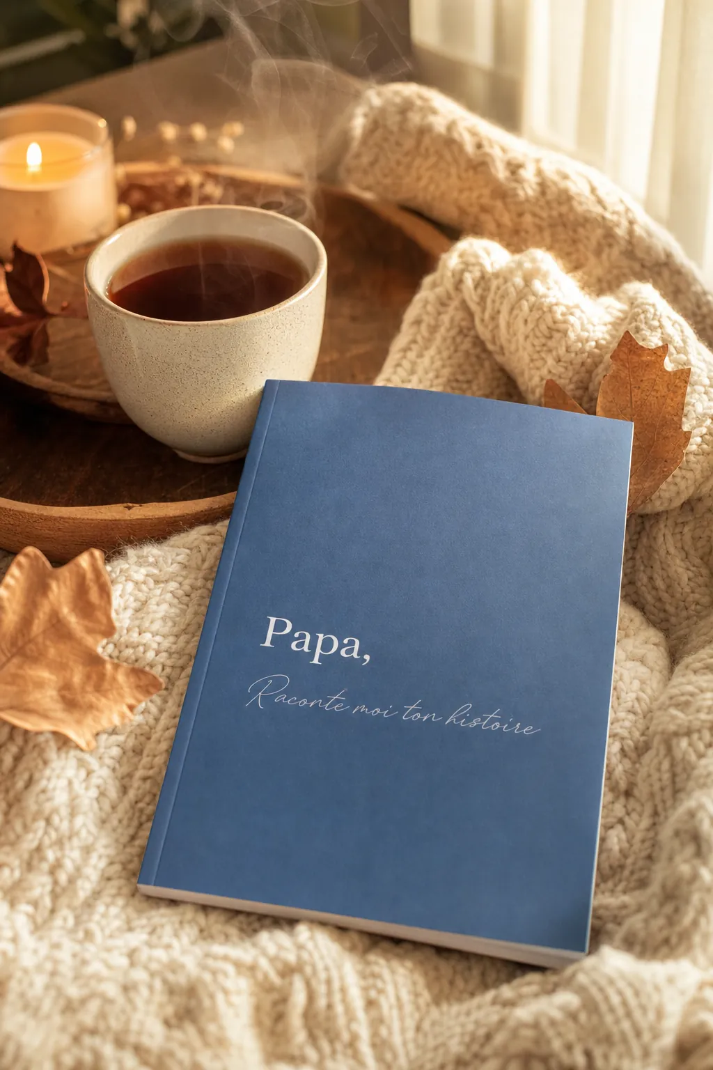 Livre Papa, Raconte-moi ton histoire posé sur un plaid en laine avec une tasse de thé