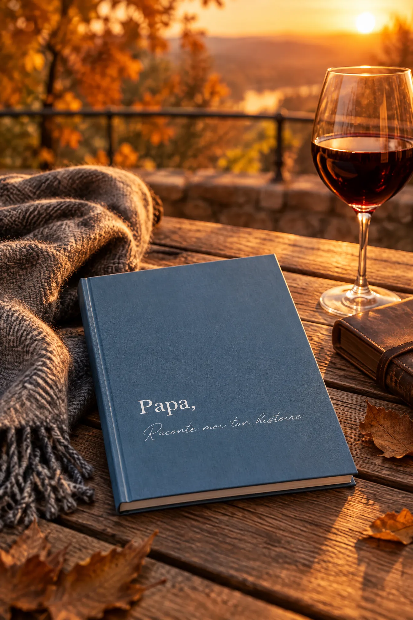 Livre Papa, Raconte-moi ton histoire sur une table de terrasse au coucher du soleil avec un verre de vin