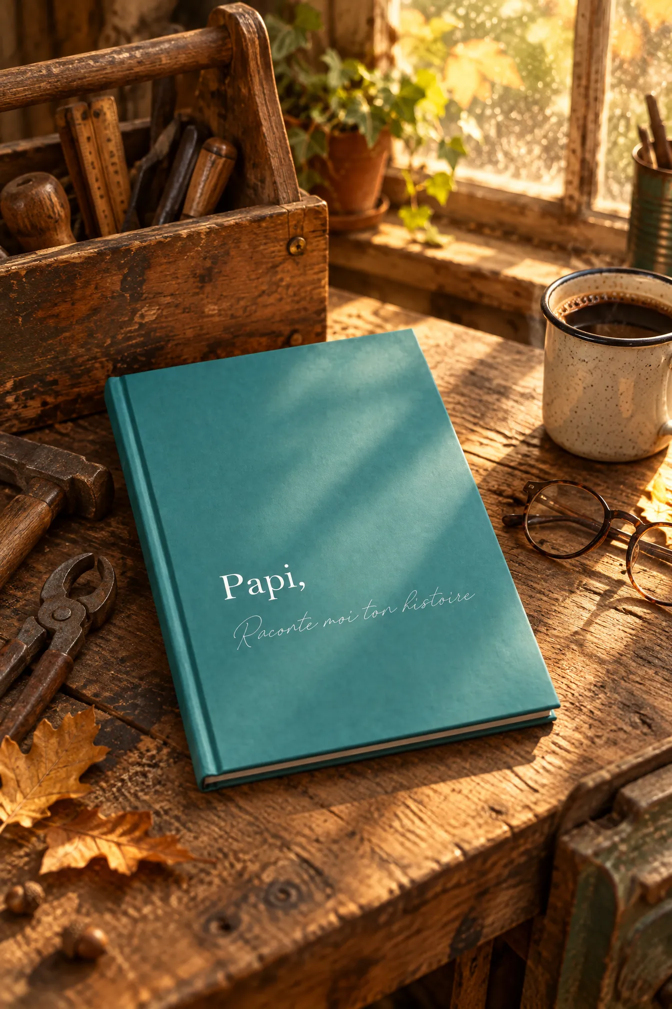 Livre Papi, Raconte-moi ton histoire sur l'établi d'un atelier de bricolage avec des outils anciens