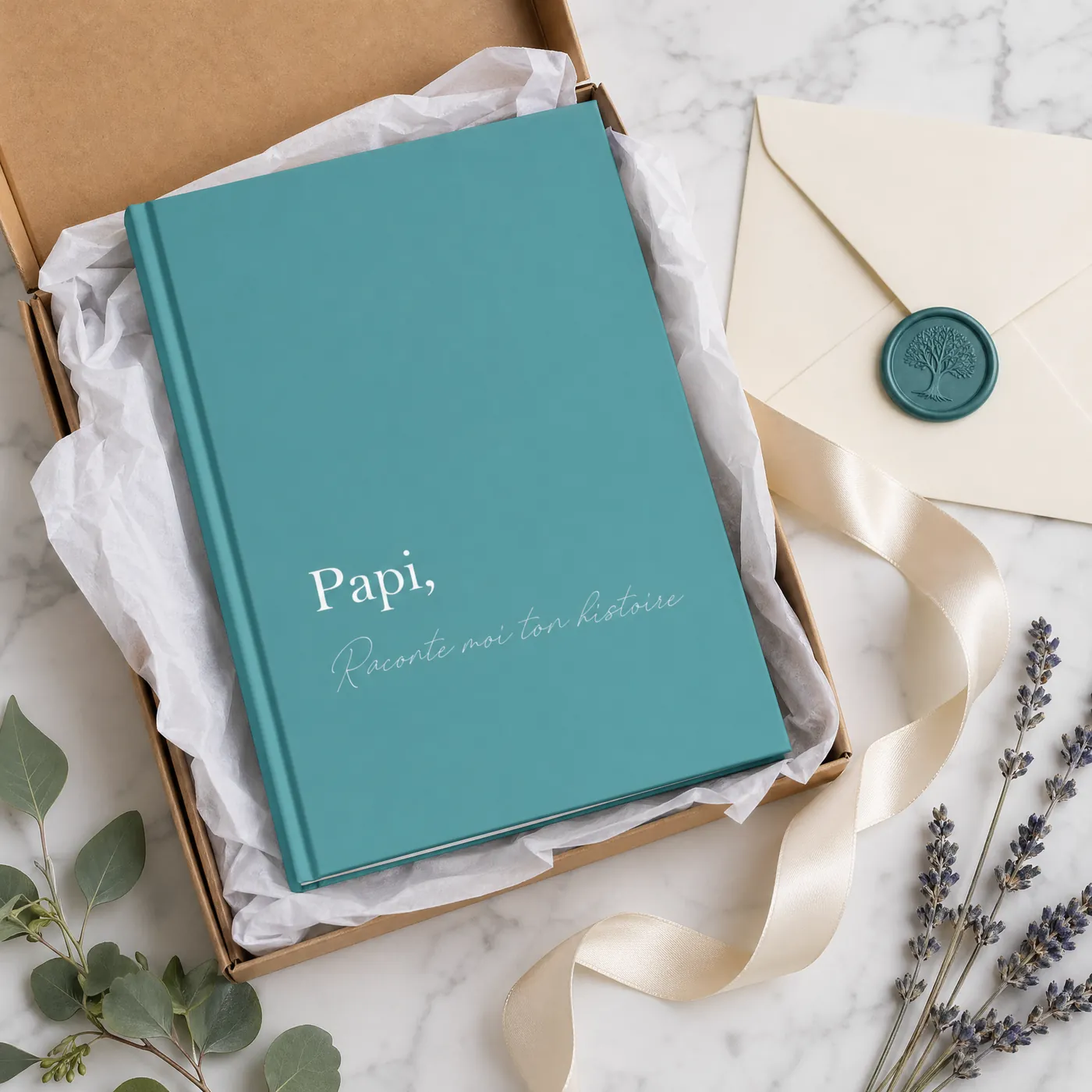 Livre Papi, Raconte-moi ton histoire dans une boîte cadeau kraft avec enveloppe et cachet de cire