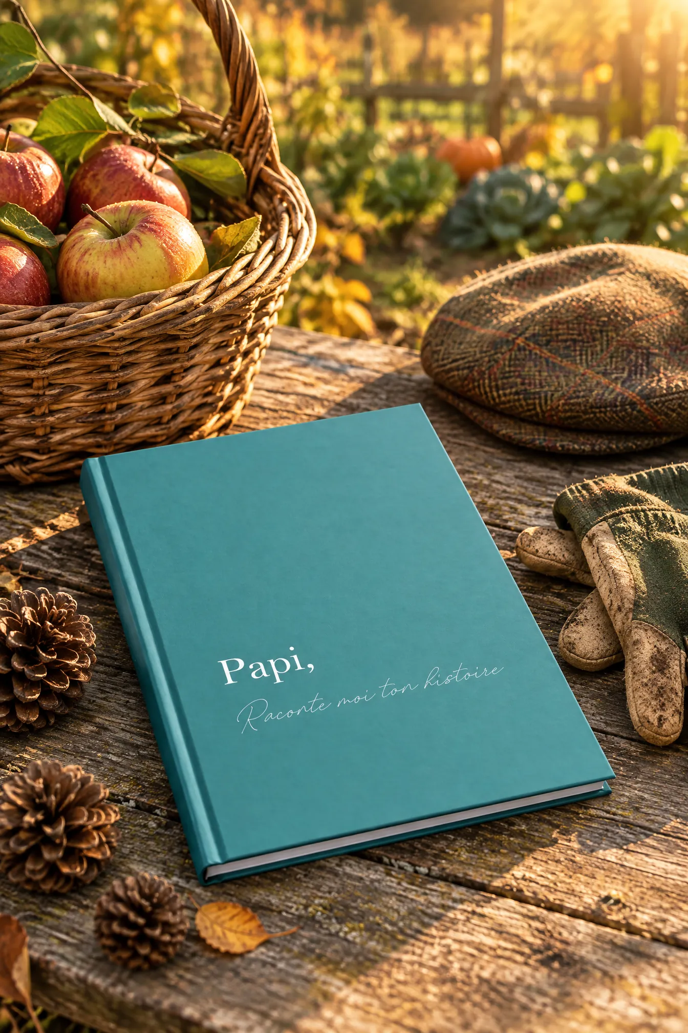 Livre Papi, Raconte-moi ton histoire sur une table de jardin avec un panier de pommes et une casquette