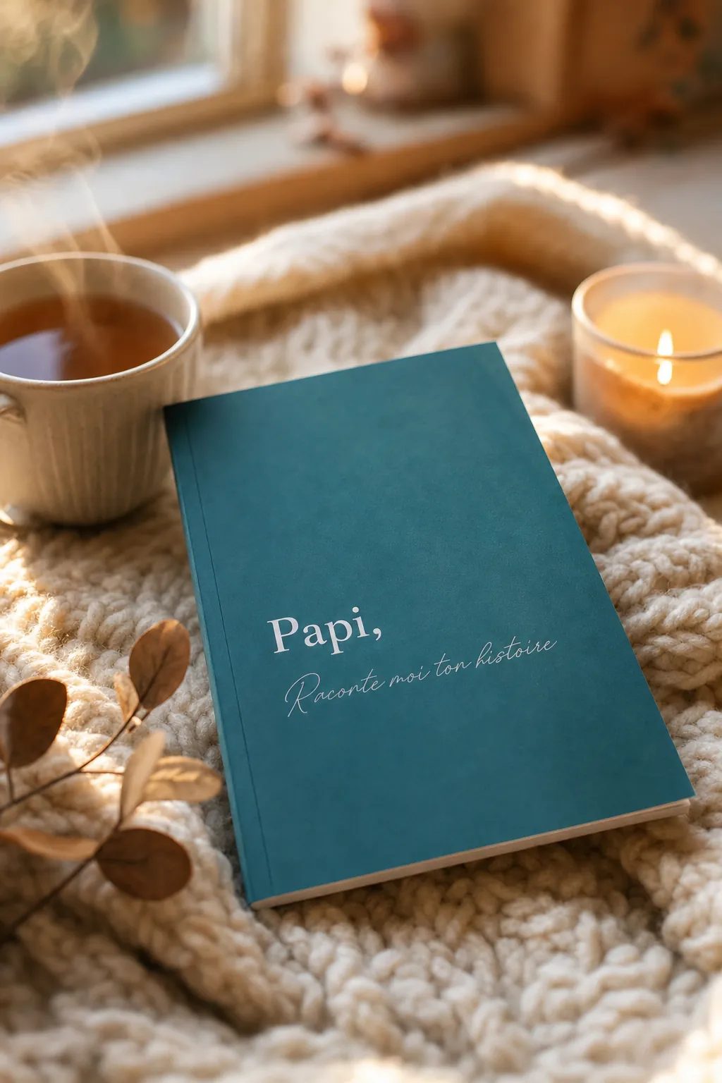 Livre Papi, Raconte-moi ton histoire posé sur un plaid en laine avec une tasse de thé et une bougie