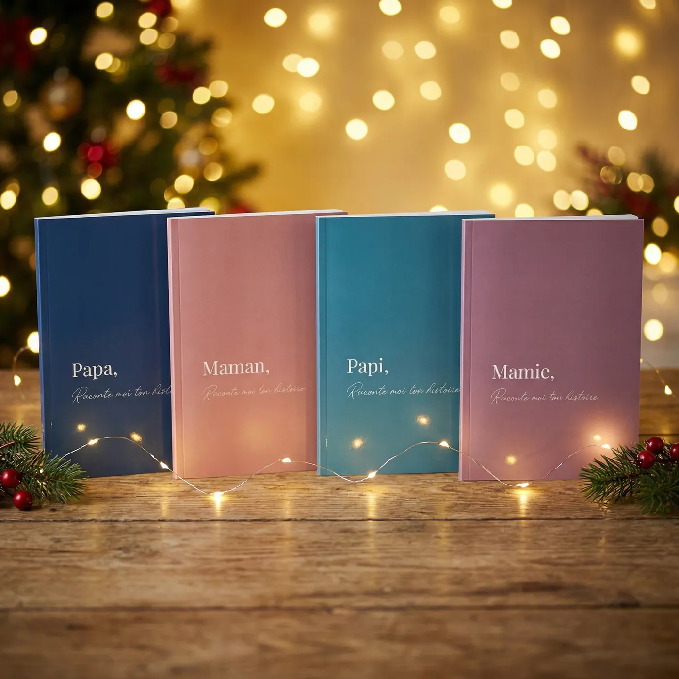 Les quatre livres Papa, Maman, Papi et Mamie, Raconte-moi ton histoire devant un sapin de Noël illuminé